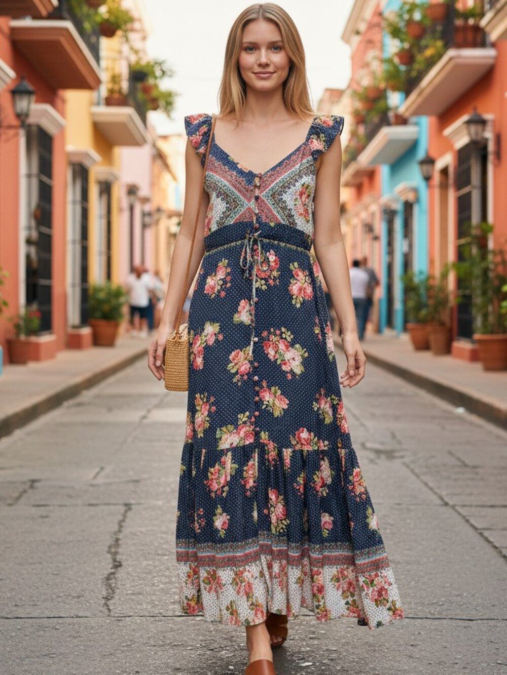 FARM Rio Mixed Print Boho Maxi Dress Tie Strap Button Front Vacation Size P (S)